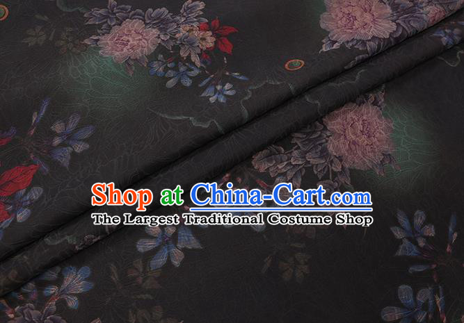 Chinese Traditional Cheongsam Watered Gauze Classical Flowers Pattern Black Gambiered Guangdong Silk Fabric