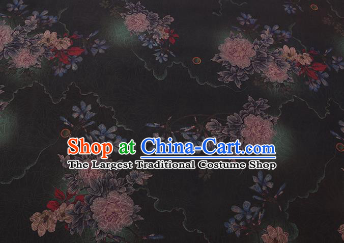 Chinese Traditional Cheongsam Watered Gauze Classical Flowers Pattern Black Gambiered Guangdong Silk Fabric