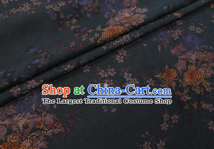 Chinese Traditional Cheongsam Gambiered Guangdong Watered Gauze Classical Chrysanthemum Pattern Dark Green Silk Fabric