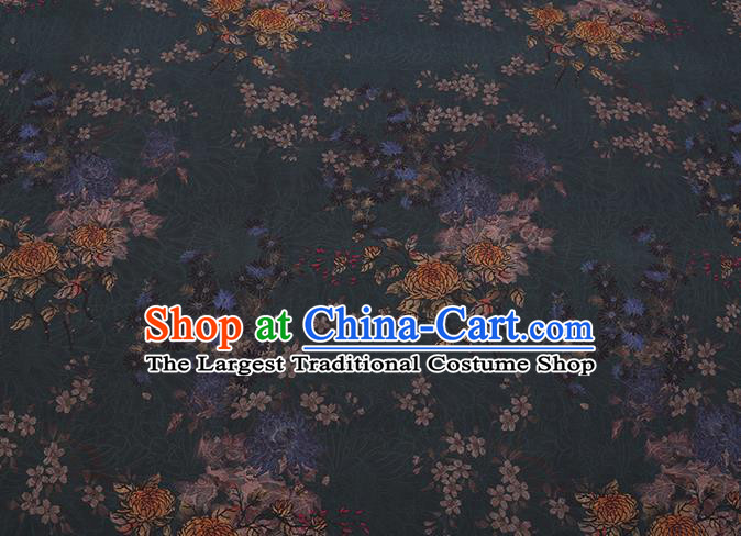 Chinese Traditional Cheongsam Gambiered Guangdong Watered Gauze Classical Chrysanthemum Pattern Dark Green Silk Fabric