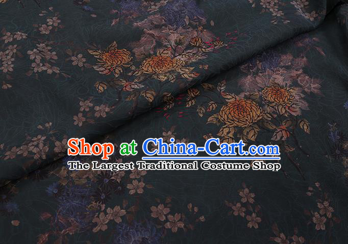 Chinese Traditional Cheongsam Gambiered Guangdong Watered Gauze Classical Chrysanthemum Pattern Dark Green Silk Fabric
