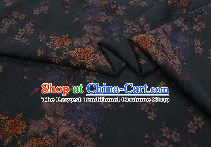 Chinese Traditional Cheongsam Gambiered Guangdong Watered Gauze Classical Chrysanthemum Pattern Dark Green Silk Fabric