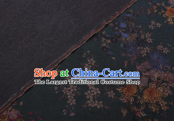 Chinese Traditional Cheongsam Gambiered Guangdong Watered Gauze Classical Chrysanthemum Pattern Dark Green Silk Fabric
