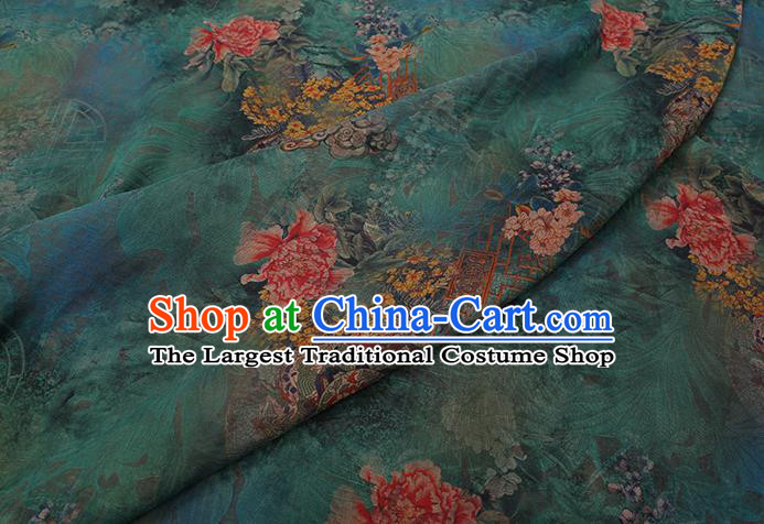 Chinese Traditional Green Silk Fabric Classical Peony Pattern Cheongsam Gambiered Guangdong Gauze