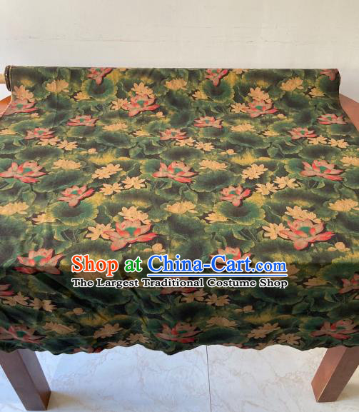 Chinese Classical Lotus Pattern Gambiered Guangdong Gauze Traditional Cheongsam Dark Green Silk Fabric