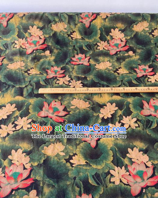 Chinese Classical Lotus Pattern Gambiered Guangdong Gauze Traditional Cheongsam Dark Green Silk Fabric