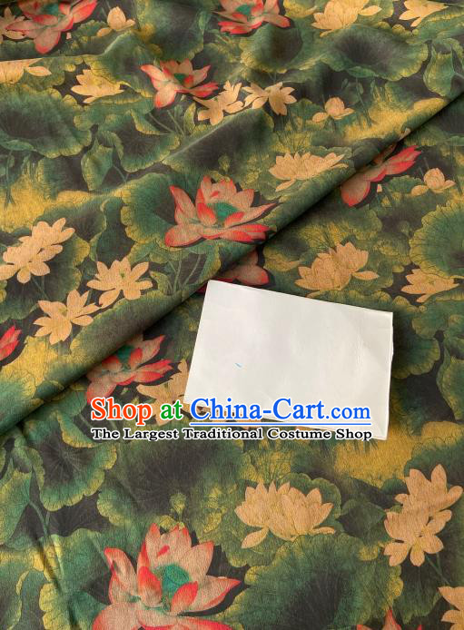Chinese Classical Lotus Pattern Gambiered Guangdong Gauze Traditional Cheongsam Dark Green Silk Fabric