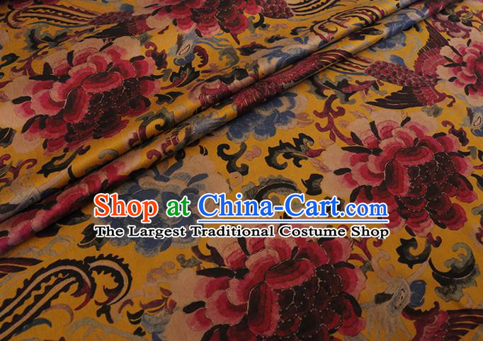 Chinese Classical Phoenix Peony Pattern Gambiered Guangdong Silk Traditional Cheongsam Yellow Satin Fabric Watered Gauze