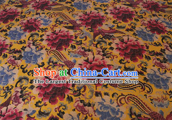 Chinese Classical Phoenix Peony Pattern Gambiered Guangdong Silk Traditional Cheongsam Yellow Satin Fabric Watered Gauze