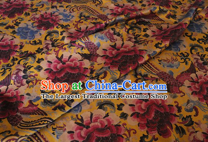 Chinese Classical Phoenix Peony Pattern Gambiered Guangdong Silk Traditional Cheongsam Yellow Satin Fabric Watered Gauze