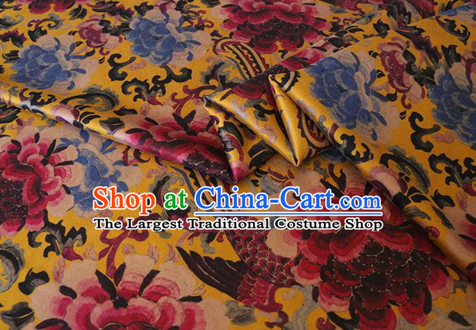 Chinese Classical Phoenix Peony Pattern Gambiered Guangdong Silk Traditional Cheongsam Yellow Satin Fabric Watered Gauze