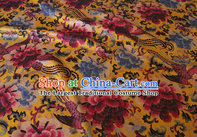 Chinese Classical Phoenix Peony Pattern Gambiered Guangdong Silk Traditional Cheongsam Yellow Satin Fabric Watered Gauze