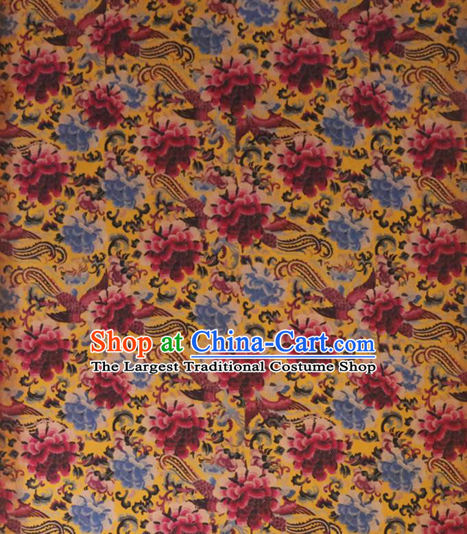 Chinese Classical Phoenix Peony Pattern Gambiered Guangdong Silk Traditional Cheongsam Yellow Satin Fabric Watered Gauze