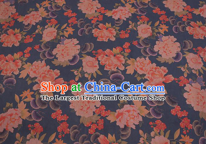 Chinese Classical Peony Pine Pattern Silk Drapery Cheongsam Damask Cloth Fabric Traditional Blue Gambiered Guangdong Gauze
