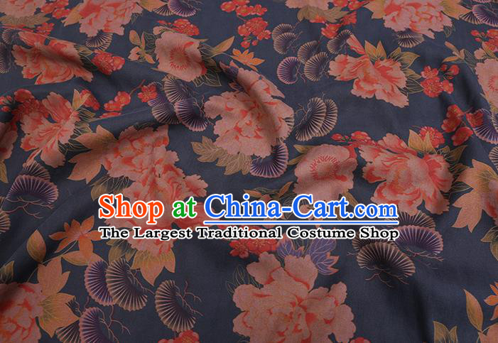 Chinese Classical Peony Pine Pattern Silk Drapery Cheongsam Damask Cloth Fabric Traditional Blue Gambiered Guangdong Gauze