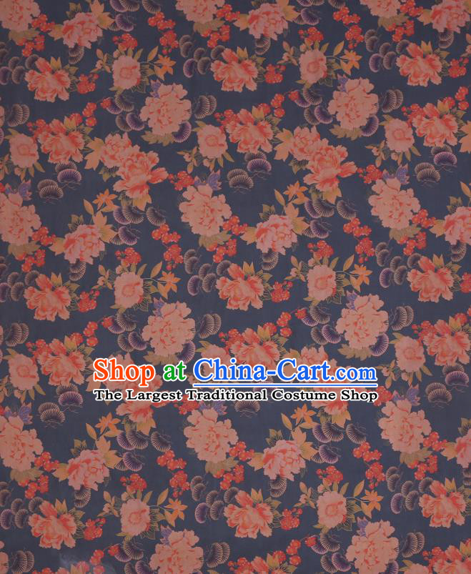 Chinese Classical Peony Pine Pattern Silk Drapery Cheongsam Damask Cloth Fabric Traditional Blue Gambiered Guangdong Gauze
