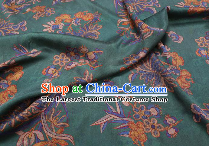 Chinese Traditional Gambiered Guangdong Gauze Cheongsam Cloth Fabric Classical Chrysanthemum Pattern Green Silk Drapery