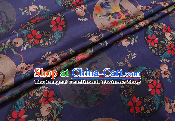 Chinese Traditional Satin Cloth Gambiered Guangdong Gauze Cheongsam Fabric Classical Flowers Bird Pattern Navy Blue Silk Drapery