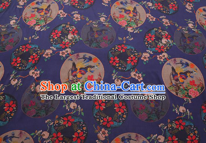 Chinese Traditional Satin Cloth Gambiered Guangdong Gauze Cheongsam Fabric Classical Flowers Bird Pattern Navy Blue Silk Drapery