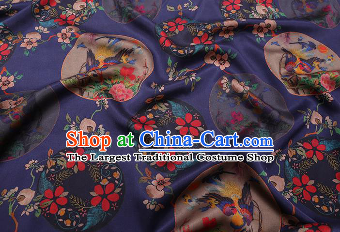 Chinese Traditional Satin Cloth Gambiered Guangdong Gauze Cheongsam Fabric Classical Flowers Bird Pattern Navy Blue Silk Drapery