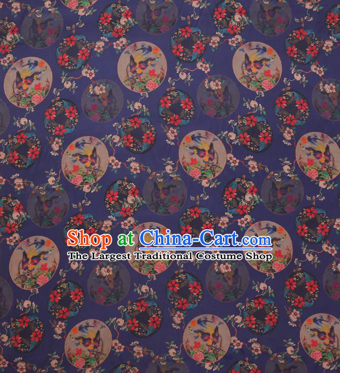 Chinese Traditional Satin Cloth Gambiered Guangdong Gauze Cheongsam Fabric Classical Flowers Bird Pattern Navy Blue Silk Drapery