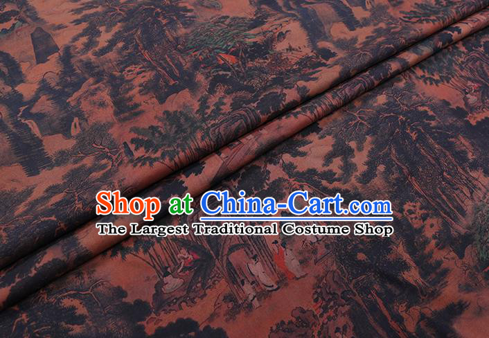 Chinese Traditional Brown Gambiered Guangdong Gauze Cheongsam Fabric Classical Landscape Pattern Silk Drapery