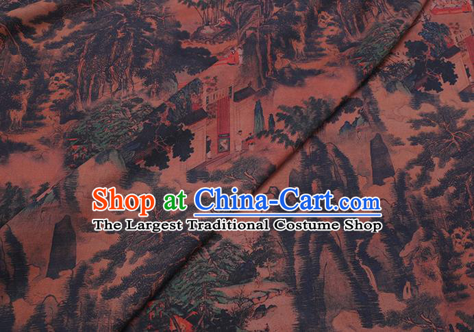 Chinese Traditional Brown Gambiered Guangdong Gauze Cheongsam Fabric Classical Landscape Pattern Silk Drapery