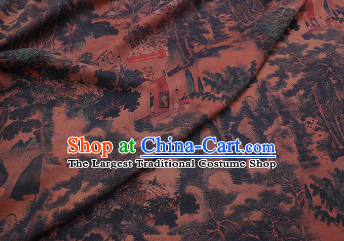 Chinese Traditional Brown Gambiered Guangdong Gauze Cheongsam Fabric Classical Landscape Pattern Silk Drapery