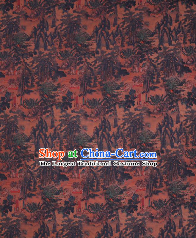 Chinese Traditional Brown Gambiered Guangdong Gauze Cheongsam Fabric Classical Landscape Pattern Silk Drapery