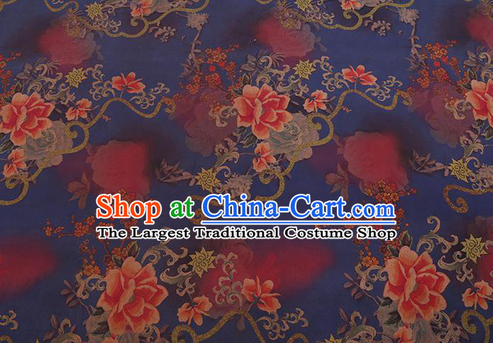 Chinese Traditional Deep Blue Gambiered Guangdong Gauze Cheongsam Fabric Classical Peony Flowers Pattern Silk Drapery