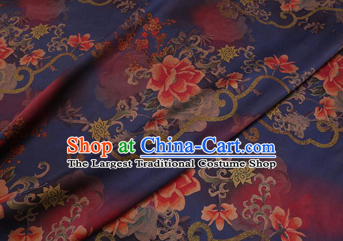 Chinese Traditional Deep Blue Gambiered Guangdong Gauze Cheongsam Fabric Classical Peony Flowers Pattern Silk Drapery