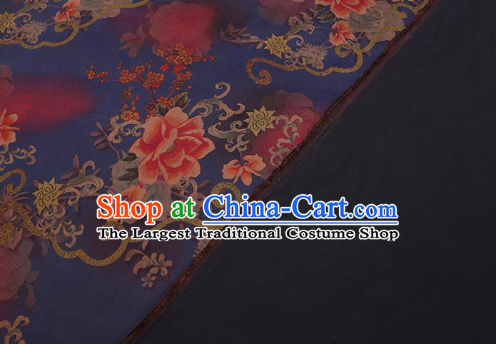 Chinese Traditional Deep Blue Gambiered Guangdong Gauze Cheongsam Fabric Classical Peony Flowers Pattern Silk Drapery