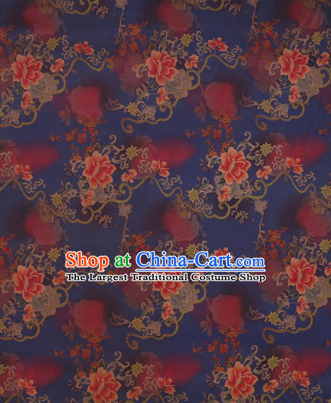 Chinese Traditional Deep Blue Gambiered Guangdong Gauze Cheongsam Fabric Classical Peony Flowers Pattern Silk Drapery