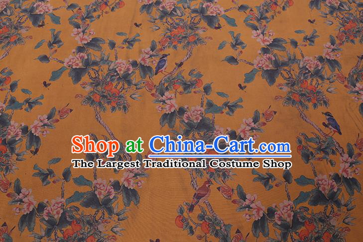 Chinese Classical Begonia Birds Pattern Silk Drapery Gambiered Guangdong Gauze Traditional Cheongsam Yellow Fabric