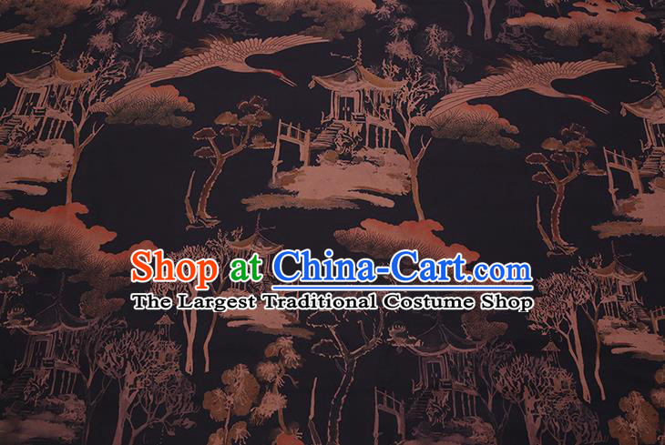 Chinese Classical Landscape Pattern Black Silk Drapery Traditional Cheongsam Silk Fabric Gambiered Guangdong Gauze