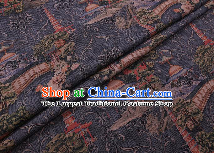 Chinese Classical Pagoda Pattern Silk Drapery Traditional Cheongsam Gambiered Guangdong Gauze Grey Silk Fabric