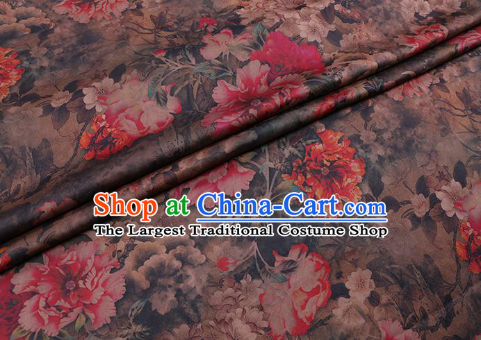 Chinese Brown Silk Drapery Classical Peony Pattern Satin Fabric Cheongsam Damask Traditional Gambiered Guangdong Gauze Cloth