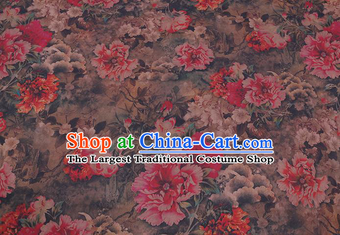 Chinese Brown Silk Drapery Classical Peony Pattern Satin Fabric Cheongsam Damask Traditional Gambiered Guangdong Gauze Cloth