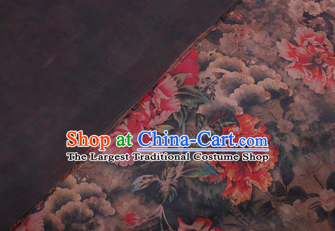 Chinese Brown Silk Drapery Classical Peony Pattern Satin Fabric Cheongsam Damask Traditional Gambiered Guangdong Gauze Cloth