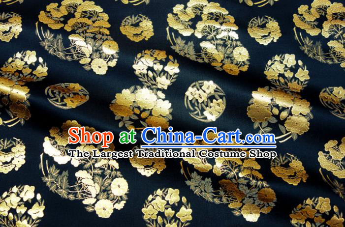 Asian Traditional Sakura Pine Pattern Design Brocade Japanese Kimono Fabric Nishijin Navy Tapestry Satin