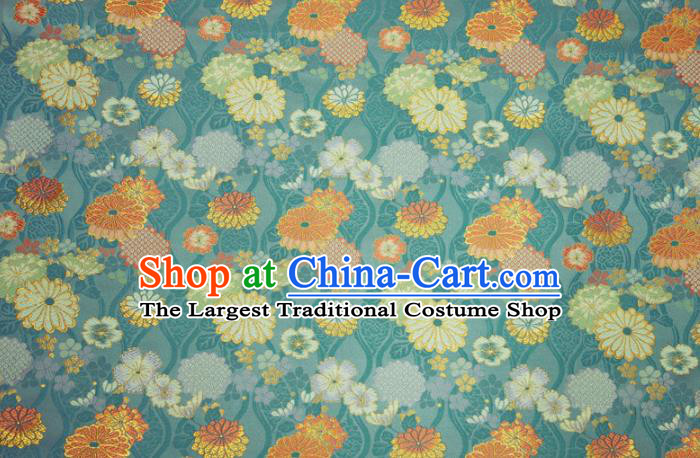 Japanese Traditional Chrysanthemum Pattern Design Brocade Asian Kimono Fabric Nishijin Blue Tapestry Satin