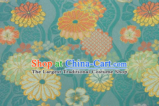 Japanese Traditional Chrysanthemum Pattern Design Brocade Asian Kimono Fabric Nishijin Blue Tapestry Satin