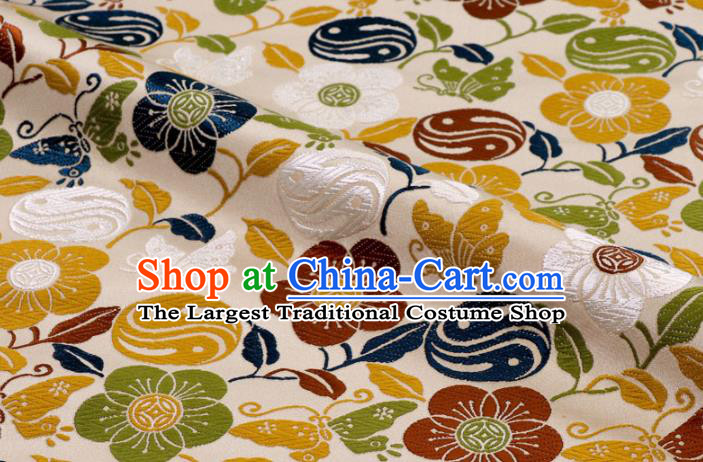 Japanese Traditional Butterfly Plum Pattern Design Brocade Nishijin Tapestry Satin Asian Kimono Beige Cloth Fabric