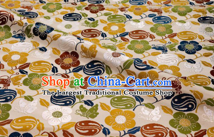 Japanese Traditional Butterfly Plum Pattern Design Brocade Nishijin Tapestry Satin Asian Kimono Beige Cloth Fabric