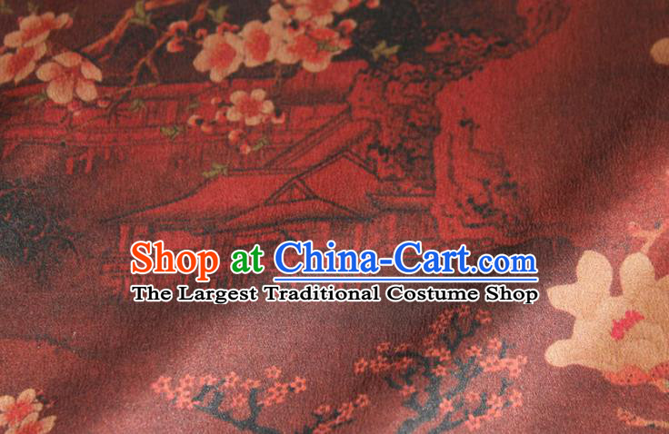 Chinese Classical Plum Peony Pattern Silk Drapery Traditional Gambiered Guangdong Gauze Cheongsam Red Satin Fabric