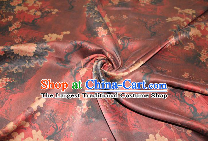 Chinese Classical Plum Peony Pattern Silk Drapery Traditional Gambiered Guangdong Gauze Cheongsam Red Satin Fabric