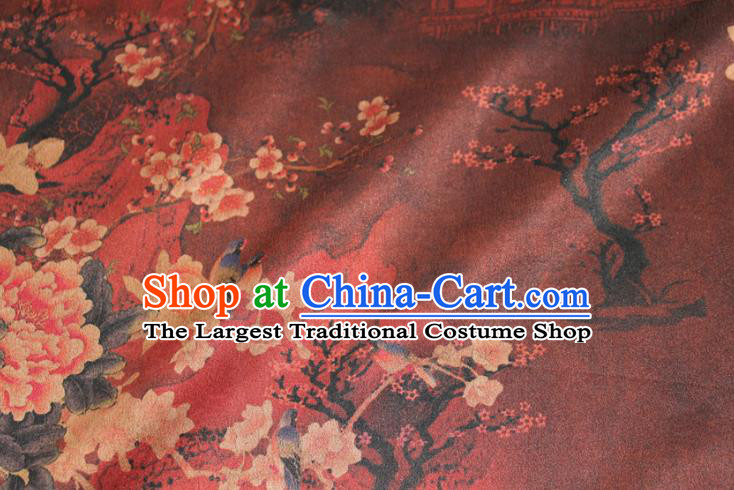 Chinese Classical Plum Peony Pattern Silk Drapery Traditional Gambiered Guangdong Gauze Cheongsam Red Satin Fabric