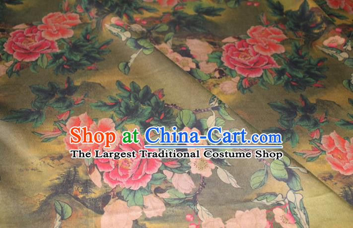Chinese Classical Peach Blossom Peony Pattern Silk Drapery Traditional Gambiered Guangdong Gauze Cheongsam Green Satin Fabric