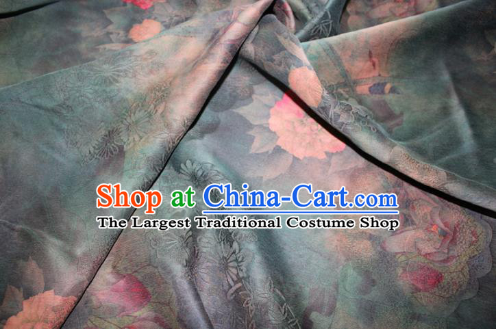 Chinese Classical Lotus Flowers Pattern Silk Drapery Traditional Gambiered Guangdong Gauze Cheongsam Dark Green Satin Fabric