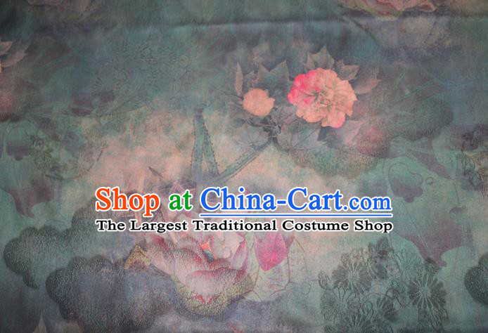 Chinese Classical Lotus Flowers Pattern Silk Drapery Traditional Gambiered Guangdong Gauze Cheongsam Dark Green Satin Fabric